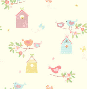 Birdhouses Turquoise Birds Wallpaper by Brewster