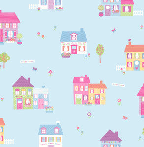 Happy Street Blue Houses Wallpaper by Brewster