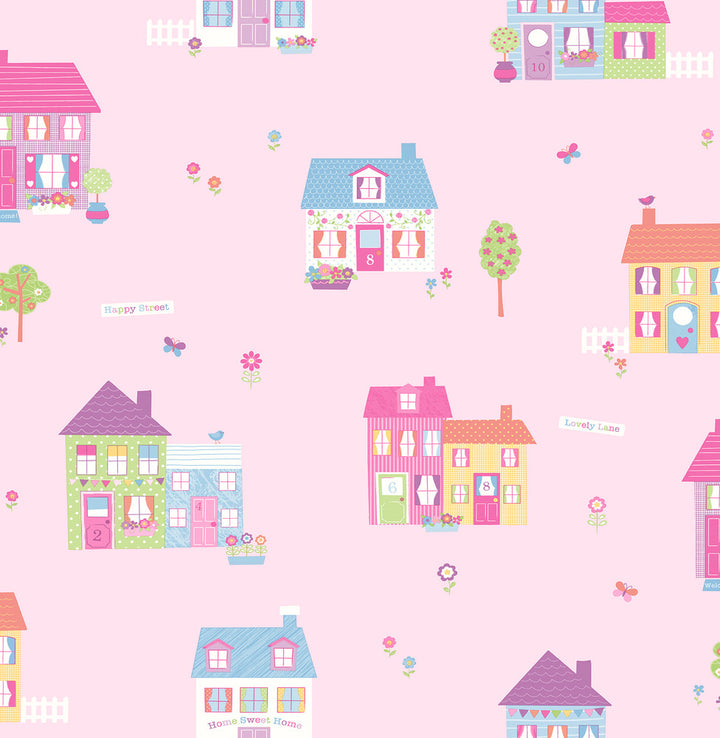 Happy Street Pink Houses Wallpaper by Brewster You Are My Sunshine Covers about 56.4 square feet 20.5-in by 33-ft long roll Unpasted 21 - Fabric Carolina -