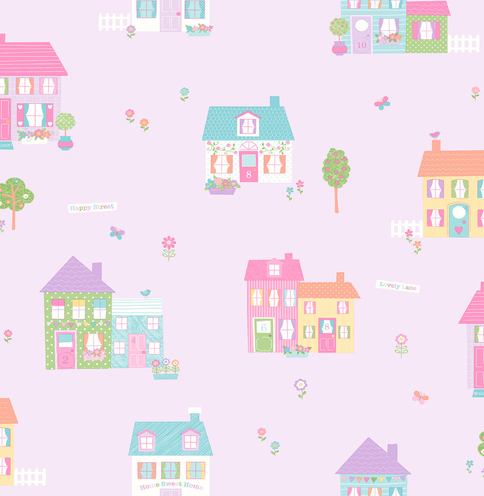 Happy Street Purple Houses Wallpaper by Brewster You Are My Sunshine Covers about 56.4 square feet 20.5-in by 33-ft long roll Unpasted 21 - Fabric Carolina -