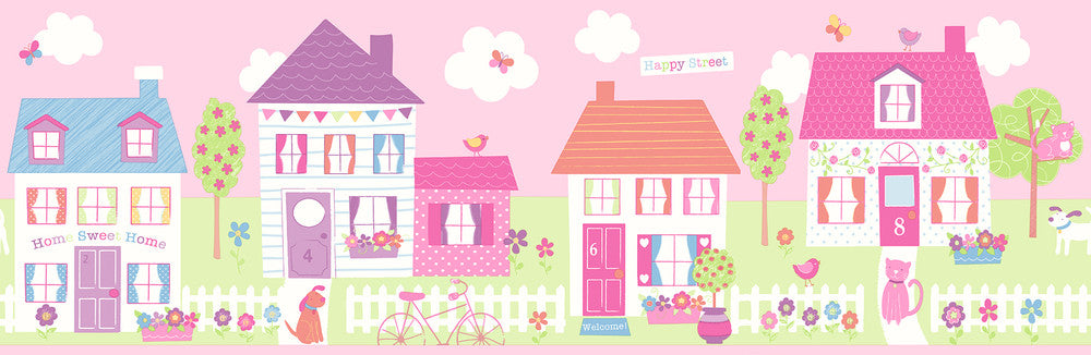 Pink Happy Street Village Wallpaper by Brewster You Are My Sunshine Covers about 7.2 square feet 5.75-in by 15-ft long roll Unpasted 0 - Fabric Carolina -