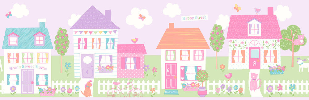 Purple Happy Street Village Wallpaper by Brewster You Are My Sunshine Covers about 7.2 square feet 5.75-in by 15-ft long roll Unpasted 0 - Fabric Carolina -