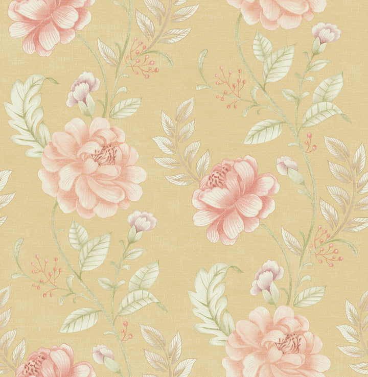 Jacobean Gold Ellie Wallpaper by Brewster Kitchen, Bed, & Bath IV Covers about 56.4 square feet 20.5-in by 33-ft long roll Unpasted 20.8 - Fabric Carolina -