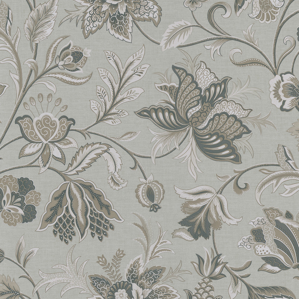 Jacobean Silver Hollie Wallpaper by Brewster Kitchen, Bed, & Bath IV Covers about 56.4 square feet 20.5-in by 33-ft long roll Prepasted 20.8 - Fabric Carolina -