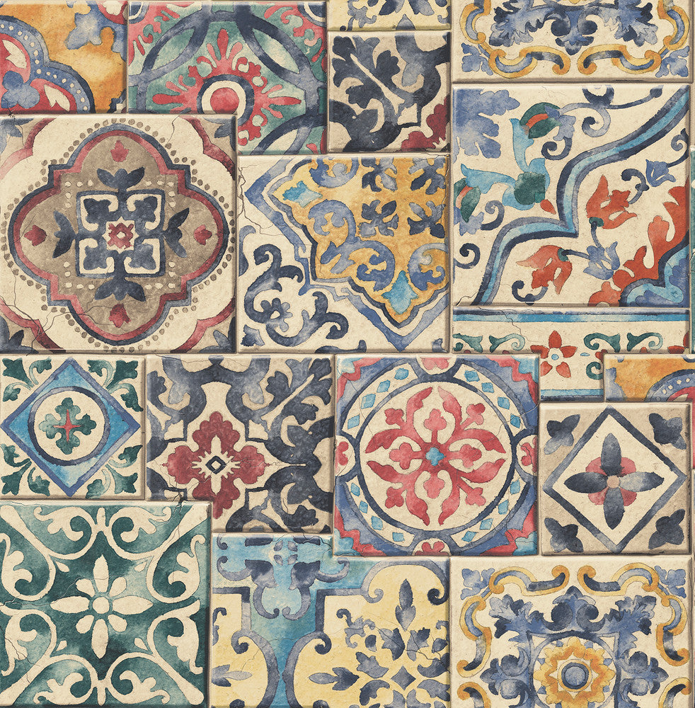 Multi Marakesh Tiles Wallpaper by A-Street Prints Reclaimed Covers about 56.4 square feet 20.5-in by 33-ft long roll Unpasted 10.5 - Fabric Carolina -