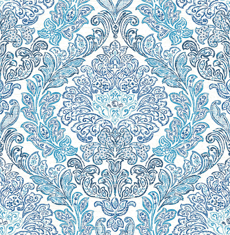 Fontaine Navy Damask Wallpaper by A-Street Prints Mirabelle Covers about 56.4 square feet 20.5-in by 33-ft long roll Unpasted 20.5 - Fabric Carolina -