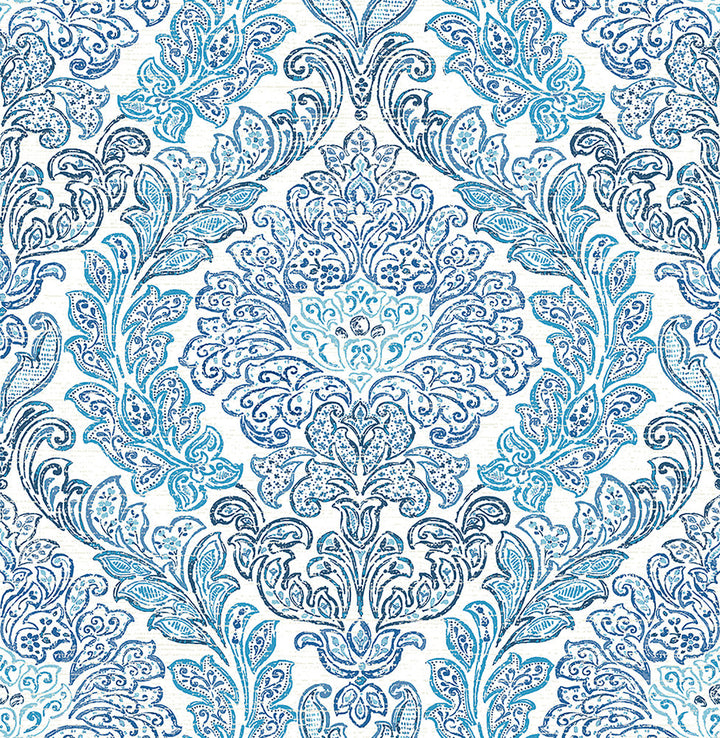 Fontaine Navy Damask Wallpaper by A-Street Prints Mirabelle Covers about 56.4 square feet 20.5-in by 33-ft long roll Unpasted 20.5 - Fabric Carolina -