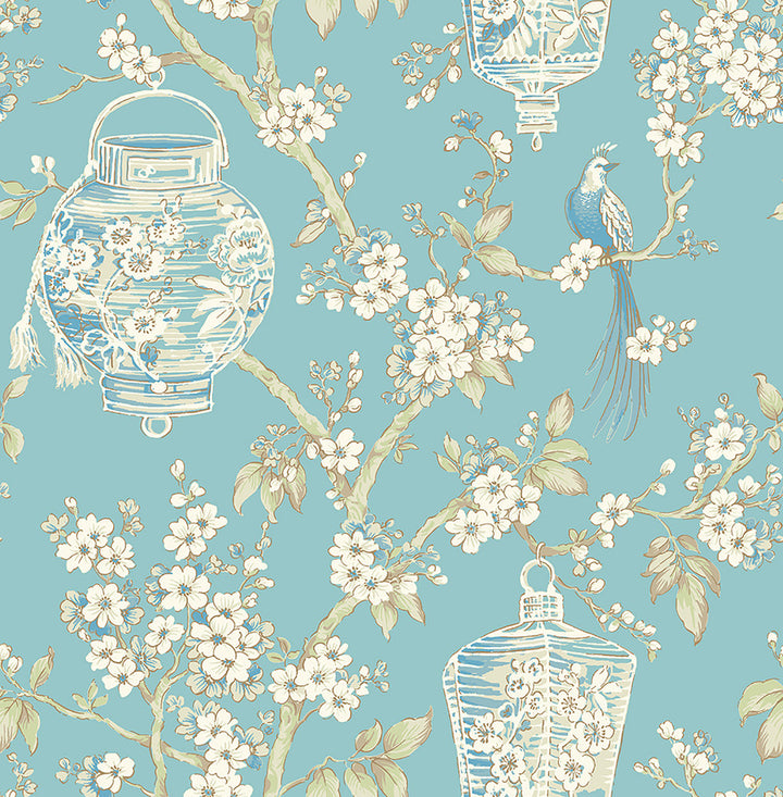 Serenity Turquoise Lanterns Wallpaper by A-Street Prints Mirabelle Covers about 56.4 square feet 20.5-in by 33-ft long roll Unpasted 20.5 - Fabric Carolina -