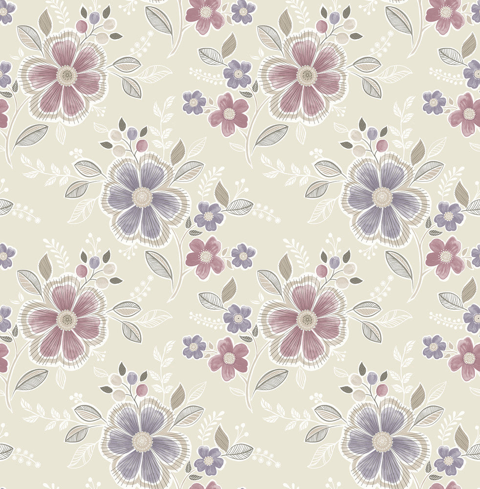 Chloe Purple Floral Wallpaper by Brewster For Your Bath III Covers about 56.4 square feet 20.5-in by 33-ft long roll Unpasted 10.43 - Fabric Carolina -