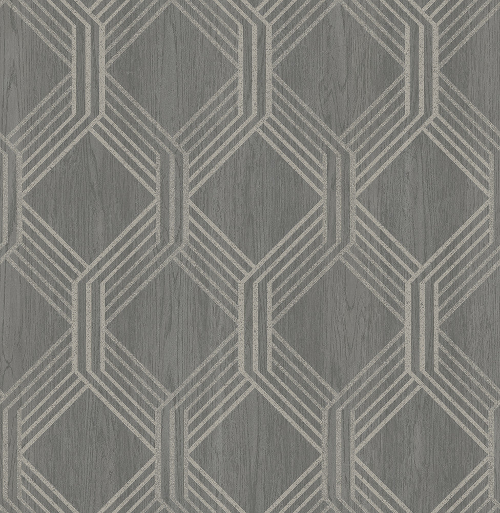 Colmar Charcoal Geo Lattice Wallpaper by Brewster Brewster Essentials Covers about 56.4 square feet 20.5-in by 33-ft long roll Unpasted 21 - Fabric Carolina -