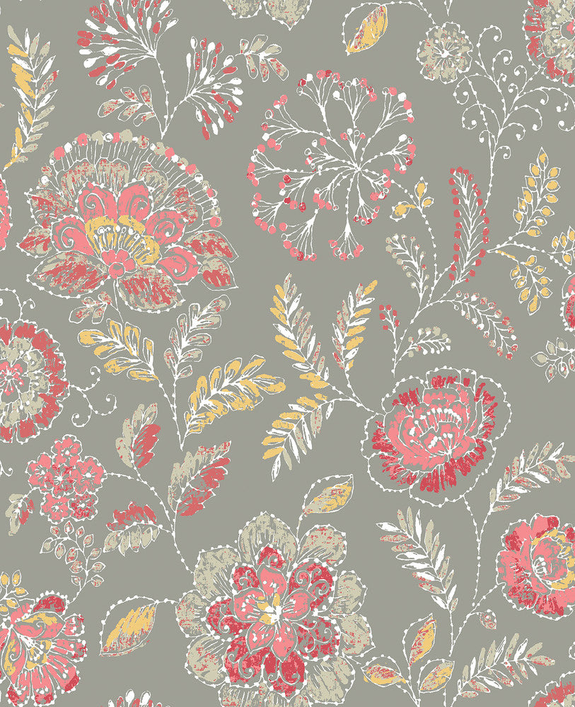 Tropez Coral Jacobean Wallpaper by A-Street Prints Solstice Covers about 56.4 square feet 20.5-in by 33-ft long roll Unpasted 12.6 - Fabric Carolina -