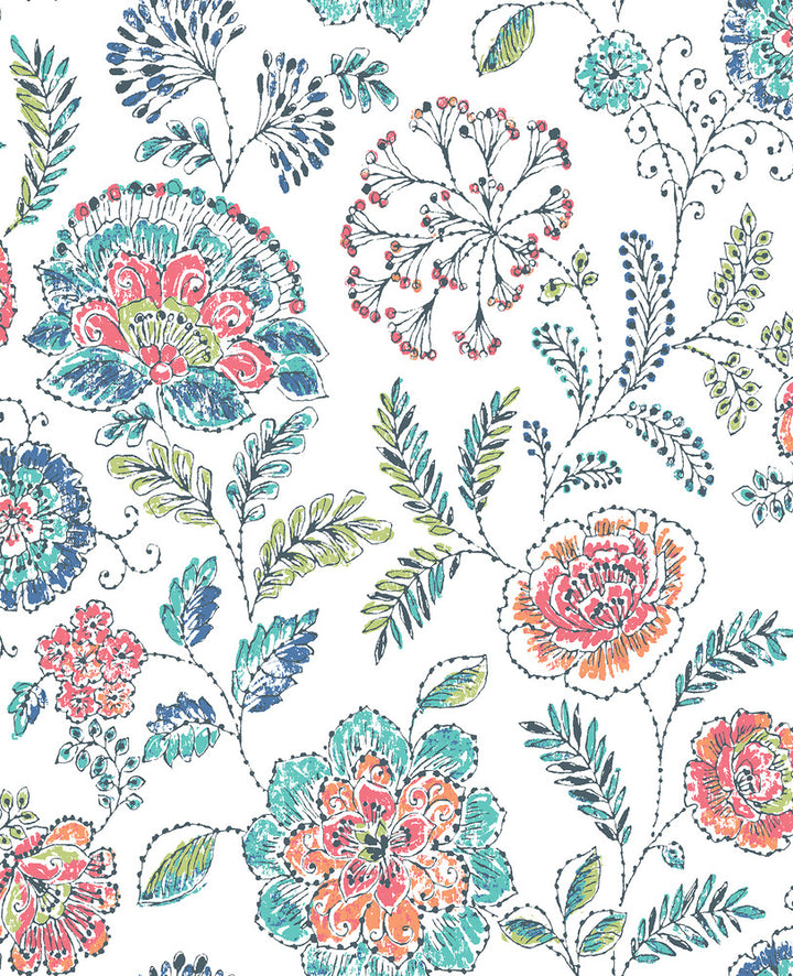 Tropez Teal Jacobean Wallpaper by A-Street Prints Solstice Covers about 56.4 square feet 20.5-in by 33-ft long roll Unpasted 12.6 - Fabric Carolina -