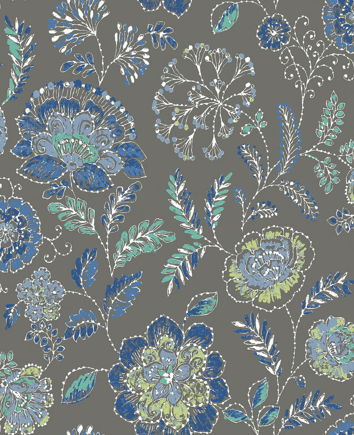 Tropez Charcoal Jacobean Wallpaper by A-Street Prints Solstice Covers about 56.4 square feet 20.5-in by 33-ft long roll Unpasted 12.6 - Fabric Carolina -
