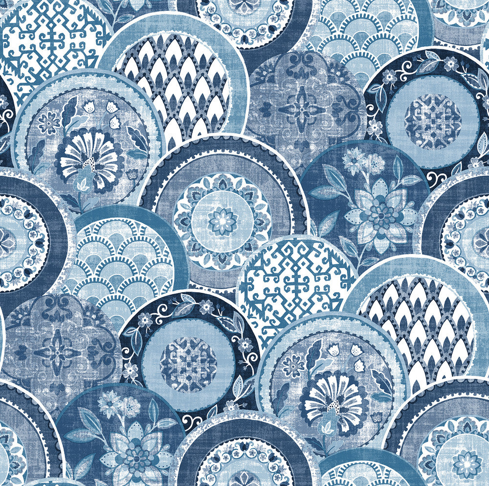 Laguna Blue Plate Wallpaper by A-Street Prints Solstice Covers about 56.4 square feet 20.5-in by 33-ft long roll Unpasted 20.9 - Fabric Carolina -