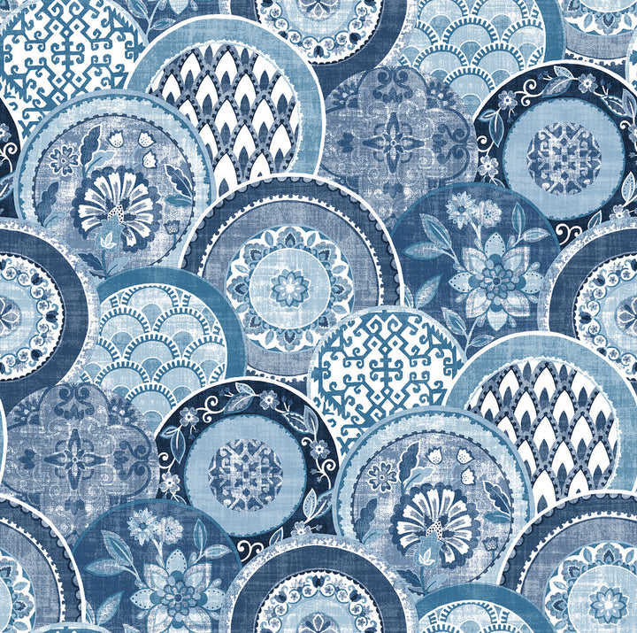 Laguna Blue Plate Wallpaper by A-Street Prints Solstice Covers about 56.4 square feet 20.5-in by 33-ft long roll Unpasted 20.9 - Fabric Carolina -