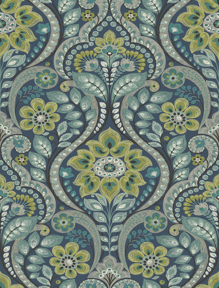 Night Bloom Navy Damask Wallpaper by A-Street Prints Moonlight Covers about 56.4 square feet 20.5-in by 33-ft long roll Prepasted 27 - Fabric Carolina -