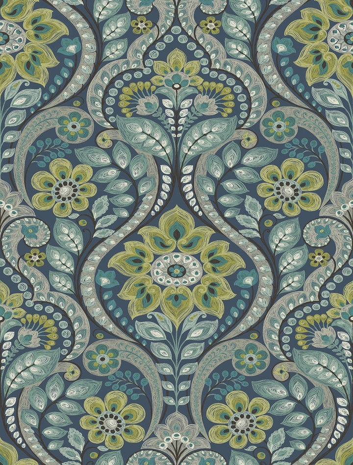 Night Bloom Navy Damask Wallpaper by A-Street Prints Moonlight Covers about 56.4 square feet 20.5-in by 33-ft long roll Prepasted 27 - Fabric Carolina -