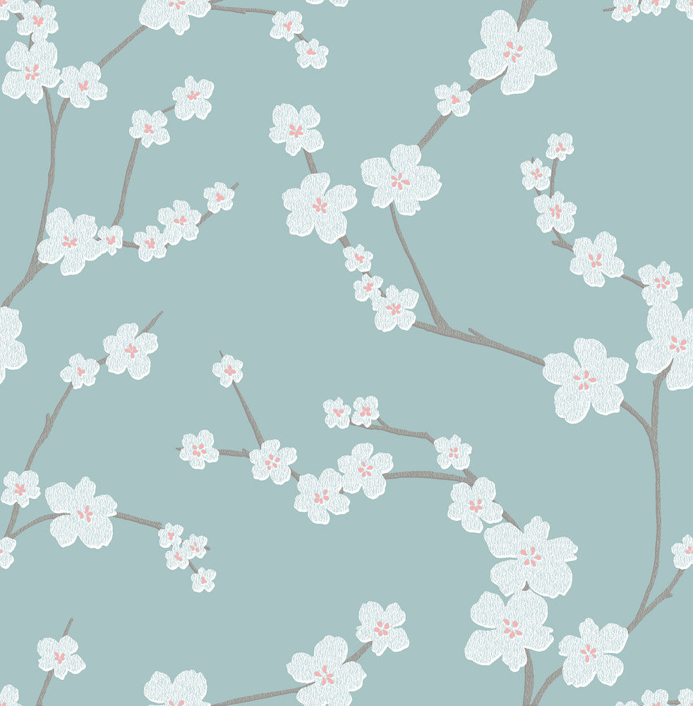 Sakura Turquoise Floral Wallpaper by A-Street Prints Mistral Covers about 56.4 square feet 20.5-in by 33-ft long roll Unpasted 20.9 - Fabric Carolina -