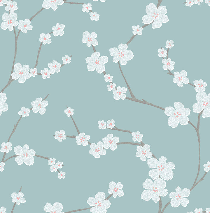 Sakura Turquoise Floral Wallpaper by A-Street Prints Mistral Covers about 56.4 square feet 20.5-in by 33-ft long roll Unpasted 20.9 - Fabric Carolina -