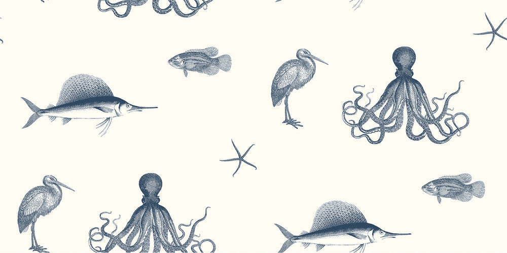 Ventura Navy Sea Creature Wallpaper by Brewster Kitchen & Bath Essentials Covers about 56.4 square feet 20.5-in by 33-ft long roll Prepasted 20.5 - Fabric Carolina -