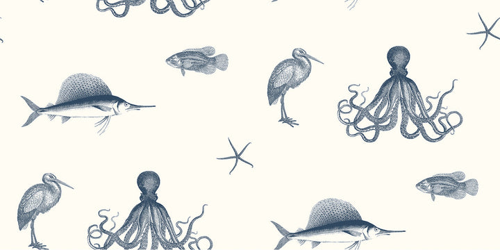 Ventura Navy Sea Creature Wallpaper by Brewster Kitchen & Bath Essentials Covers about 56.4 square feet 20.5-in by 33-ft long roll Prepasted 20.5 - Fabric Carolina -