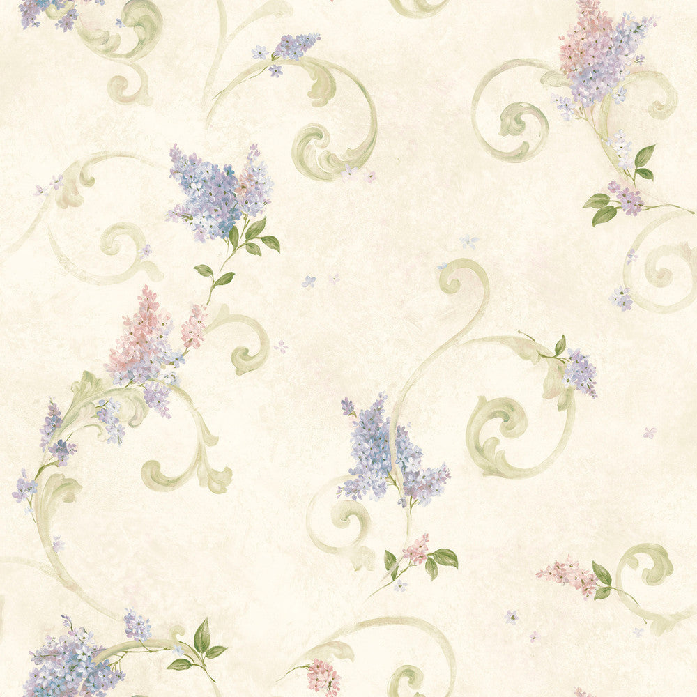 Celandine Cream Floral Scroll Wallpaper by Brewster Kitchen & Bath Essentials Covers about 56.4 square feet 20.5-in by 33-ft long roll Prepasted 20.5 - Fabric Carolina -