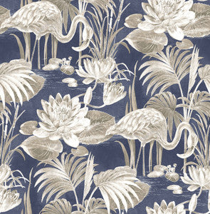 Miltonia Navy Flamingo Wallpaper by Brewster