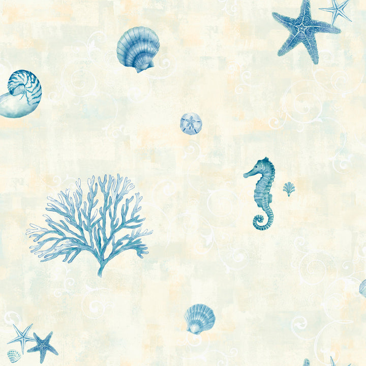 Saguaro Blue Seashells Wallpaper by Brewster Kitchen & Bath Essentials Covers about 56.4 square feet 20.5-in by 33-ft long roll Prepasted 20.5 - Fabric Carolina -