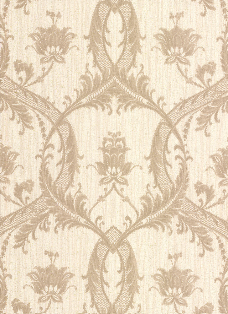 Vignole Beige Damask Wallpaper by Brewster Bellissimo VI Covers about 56.4 square feet 20.5-in by 33-ft long roll Unpasted 20.9 - Fabric Carolina -