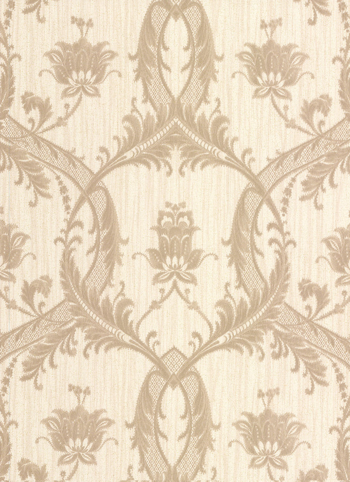 Vignole Beige Damask Wallpaper by Brewster Bellissimo VI Covers about 56.4 square feet 20.5-in by 33-ft long roll Unpasted 20.9 - Fabric Carolina -
