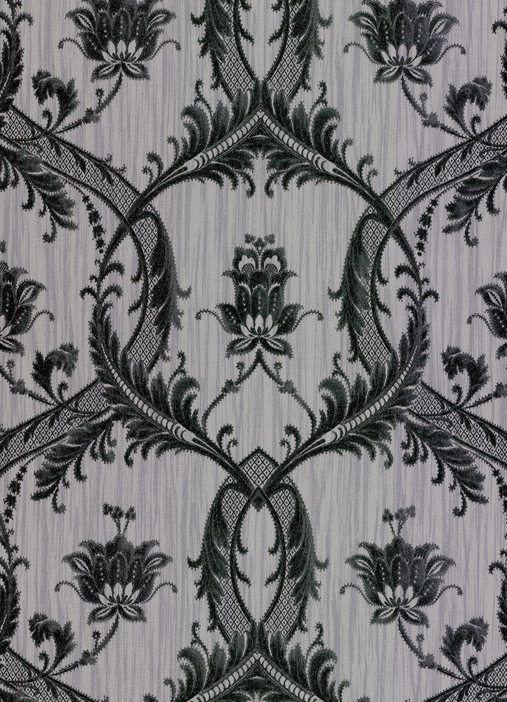 Vignole Grey Damask Wallpaper by Brewster Bellissimo VI Covers about 56.4 square feet 20.5-in by 33-ft long roll Unpasted 20.9 - Fabric Carolina -