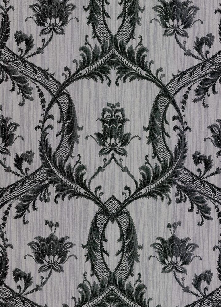Vignole Grey Damask Wallpaper by Brewster Bellissimo VI Covers about 56.4 square feet 20.5-in by 33-ft long roll Unpasted 20.9 - Fabric Carolina -
