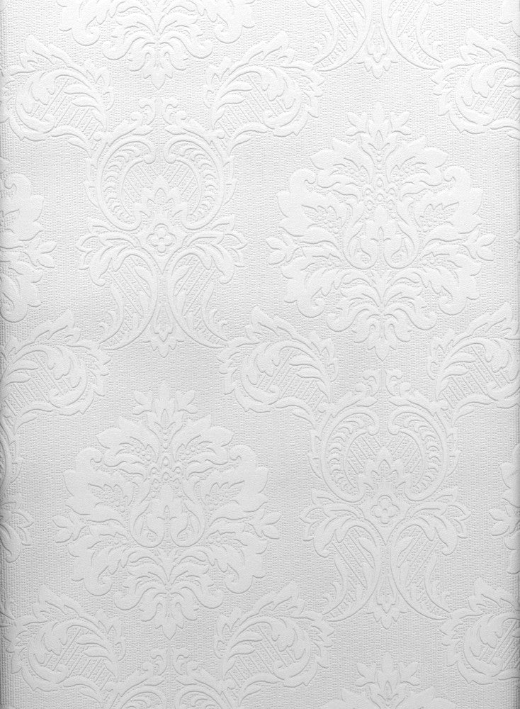 Plouf White Paintable Damask Wallpaper by Brewster Paintable Solutions V Covers about 56.4 square feet 20.5-in by 33-ft long roll Prepasted 12.5 - Fabric Carolina -