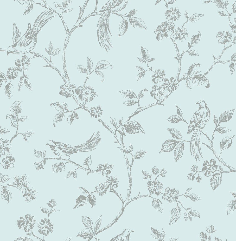 Aaron Light Blue Bird Trail Wallpaper by Advantage Bath Covers about 56.4 square feet 20.5-in by 33-ft long roll Unpasted 10.4 - Fabric Carolina -