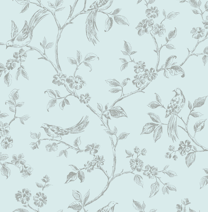 Aaron Light Blue Bird Trail Wallpaper by Advantage Bath Covers about 56.4 square feet 20.5-in by 33-ft long roll Unpasted 10.4 - Fabric Carolina -