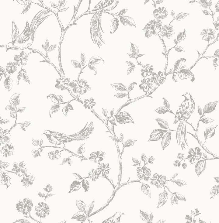 Aaron White Bird Trail Wallpaper by Advantage Bath Covers about 56.4 square feet 20.5-in by 33-ft long roll Unpasted 10.4 - Fabric Carolina -