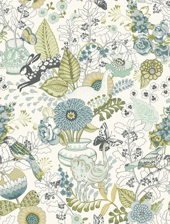 Whimsy Green Fauna Wallpaper by A-Street Prints Folklore Covers about 56.4 square feet 20.5-in by 33-ft long roll Unpasted 27 - Fabric Carolina -