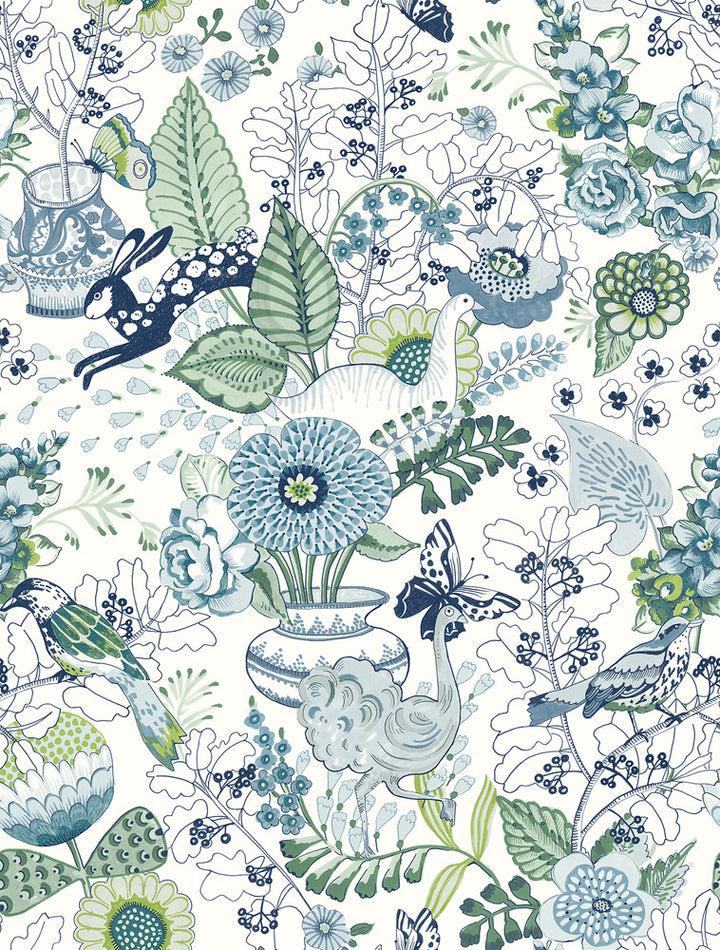Whimsy Blue Fauna Wallpaper by A-Street Prints Folklore Covers about 56.4 square feet 20.5-in by 33-ft long roll Unpasted 27 - Fabric Carolina -
