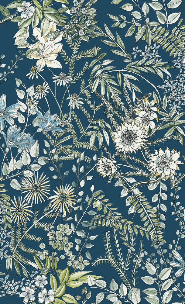 Full Bloom Navy Navy Floral Wallpaper by A-Street Prints Folklore Covers about 56.4 square feet 20.5-in by 33-ft long roll Unpasted 27 - Fabric Carolina -