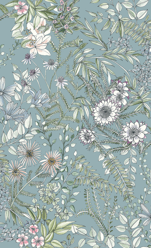 Full Bloom Blue Floral Wallpaper by A-Street Prints Folklore Covers about 56.4 square feet 20.5-in by 33-ft long roll Unpasted 27 - Fabric Carolina -