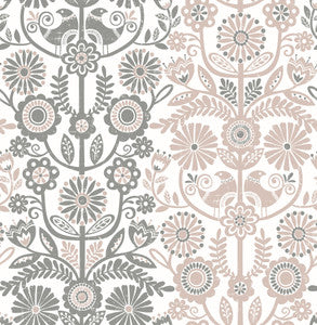 Lovebirds Light Pink Folk Stripe Wallpaper by A-Street Prints