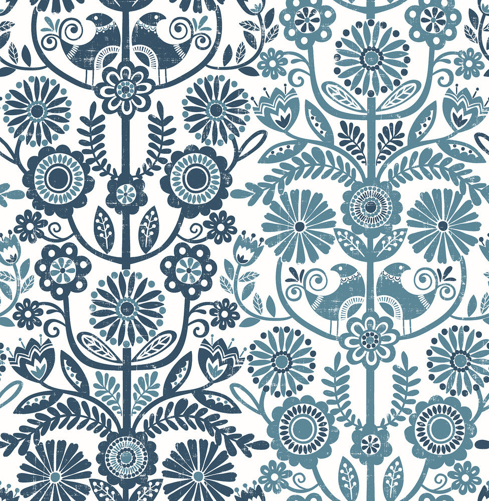 Lovebirds Navy Folk Stripe Wallpaper by A-Street Prints Folklore Covers about 56.4 square feet 20.5-in by 33-ft long roll Unpasted 20.9 - Fabric Carolina -