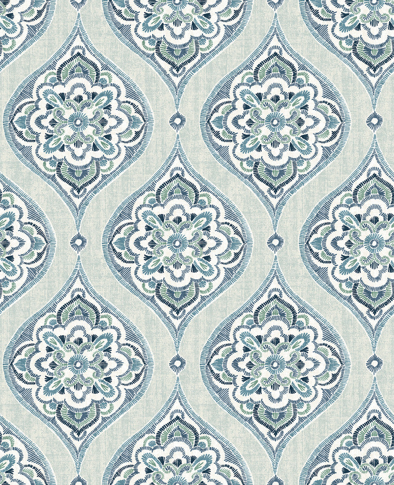 Adele Aqua Damask Wallpaper by A-Street Prints Folklore Covers about 56.4 square feet 20.5-in by 33-ft long roll Unpasted 12.6 - Fabric Carolina -