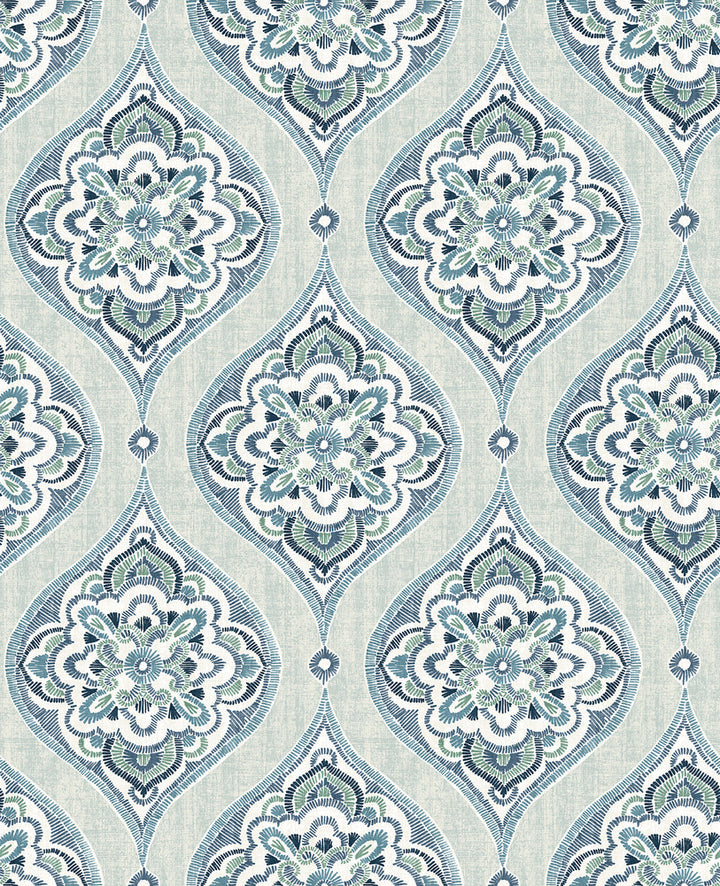 Adele Aqua Damask Wallpaper by A-Street Prints Folklore Covers about 56.4 square feet 20.5-in by 33-ft long roll Unpasted 12.6 - Fabric Carolina -