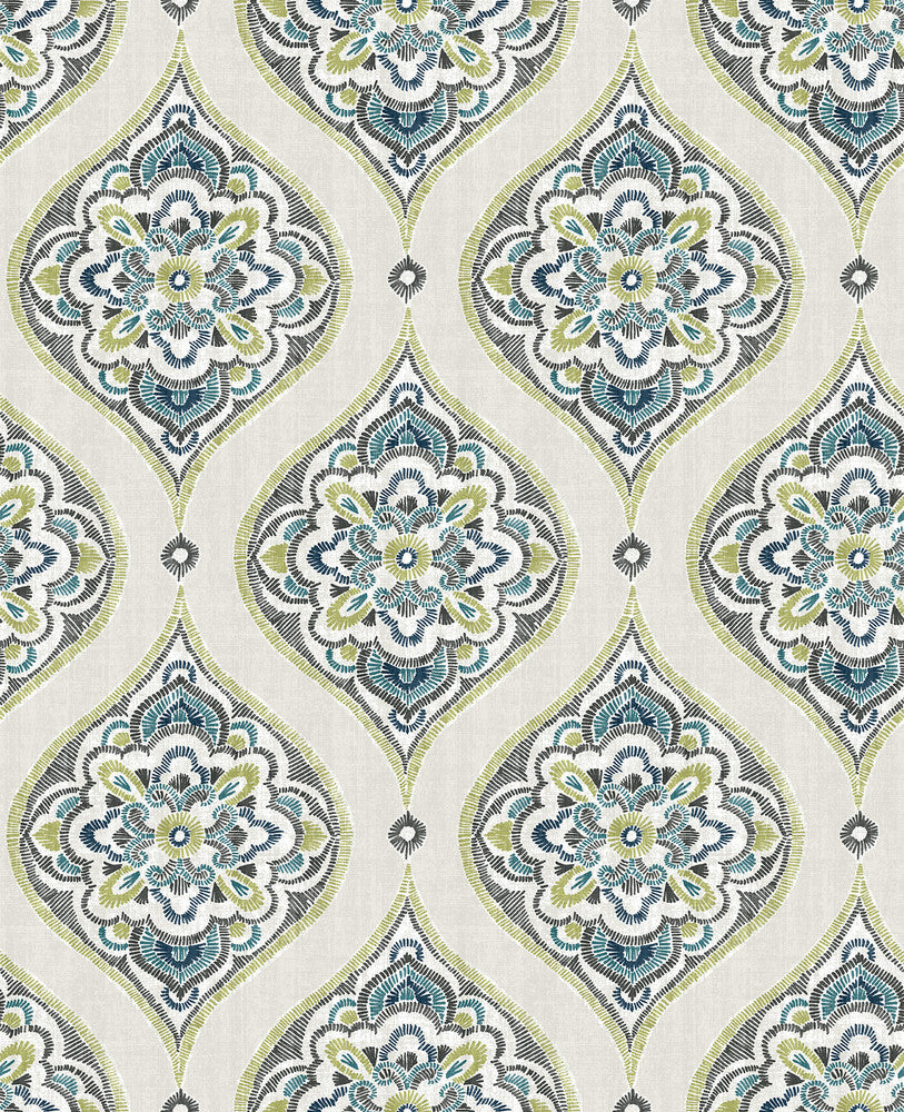 Adele Green Damask Wallpaper by A-Street Prints Folklore Covers about 56.4 square feet 20.5-in by 33-ft long roll Unpasted 12.6 - Fabric Carolina -