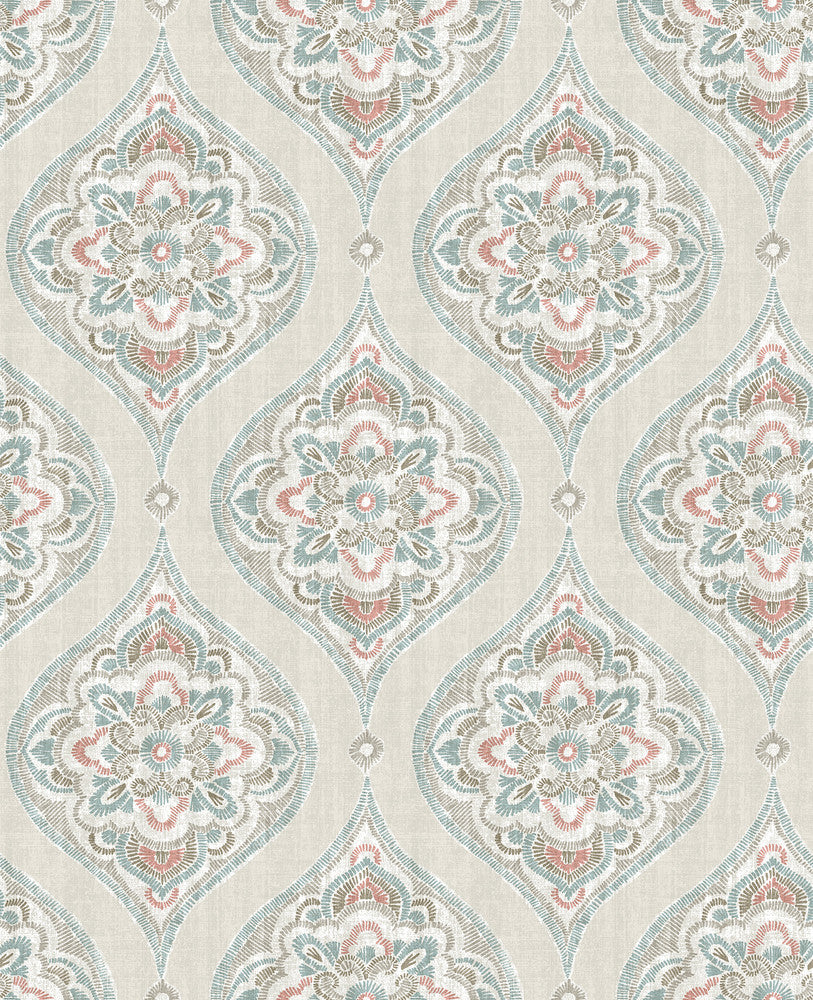 Adele Teal Damask Wallpaper by A-Street Prints Folklore Covers about 56.4 square feet 20.5-in by 33-ft long roll Unpasted 12.6 - Fabric Carolina -