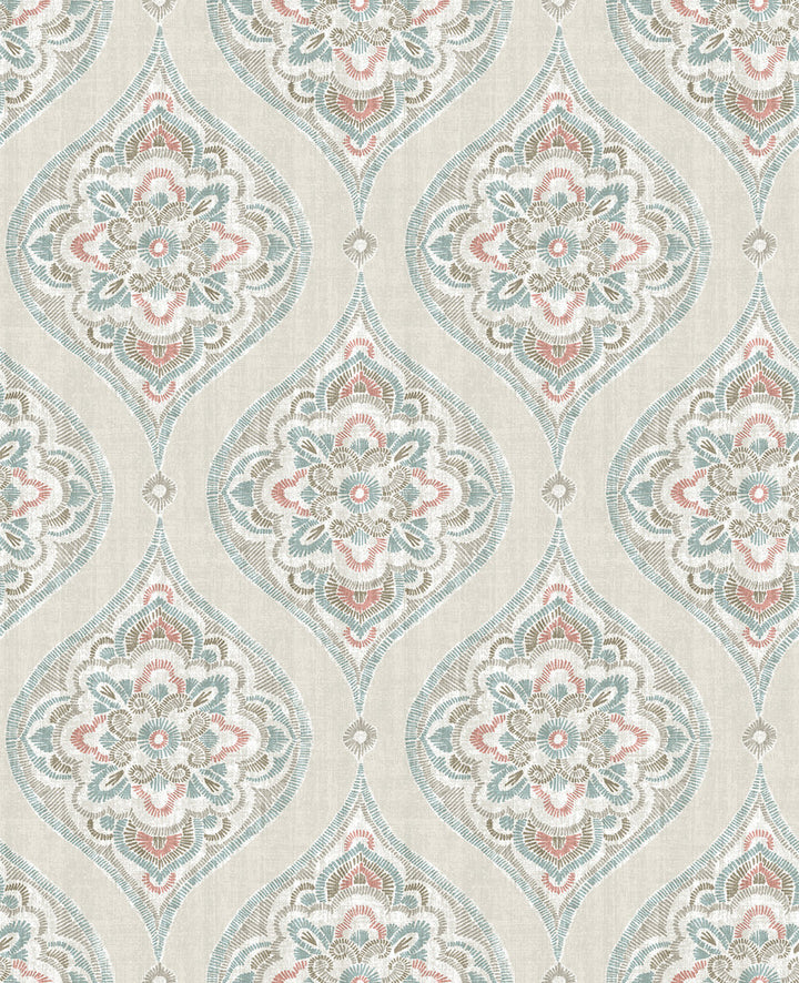 Adele Teal Damask Wallpaper by A-Street Prints Folklore Covers about 56.4 square feet 20.5-in by 33-ft long roll Unpasted 12.6 - Fabric Carolina -