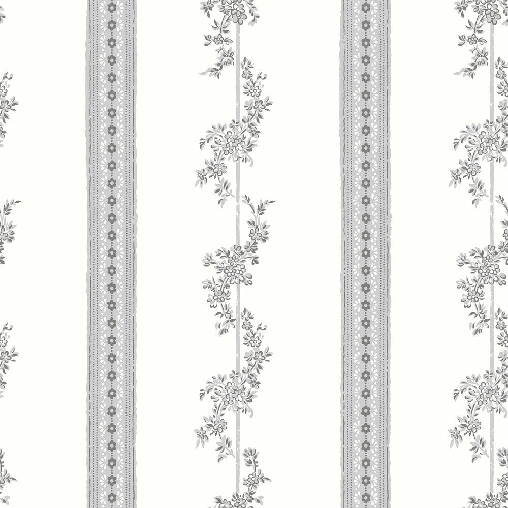 Drottningholm Grey Floral Stripe Wallpaper by Wall Vision In Bloom Covers about 57.8 square feet 21-in by 33-ft long roll Unpasted 21 - Fabric Carolina -