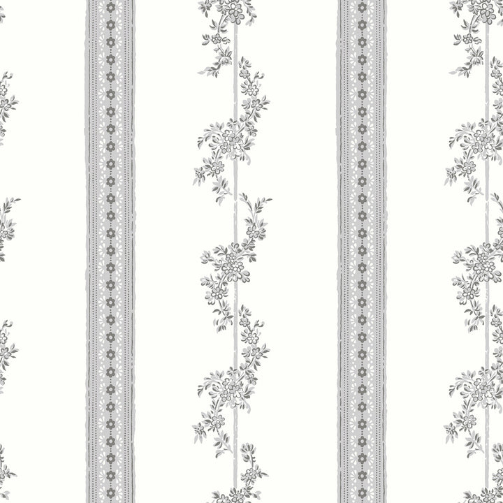 Drottningholm Grey Floral Stripe Wallpaper by Wall Vision In Bloom Covers about 57.8 square feet 21-in by 33-ft long roll Unpasted 21 - Fabric Carolina -