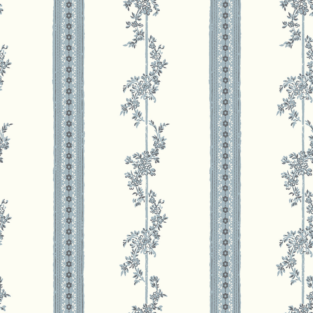 Drottningholm Periwinkle Floral Stripe Wallpaper by Wall Vision In Bloom Covers about 57.8 square feet 21-in by 33-ft long roll Unpasted 21 - Fabric Carolina -